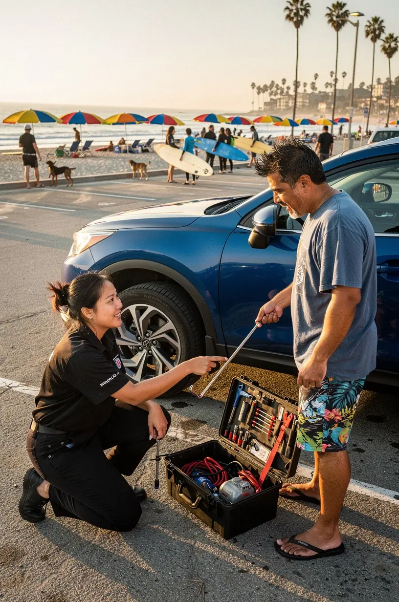 Close-up of professional mechanic using diagnostic scan tool on car engine during mobile repair service.